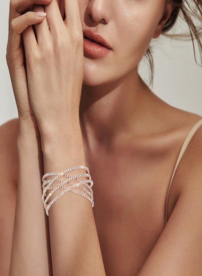 Wovanoo Rhinestone Bracelet for Women MultiLayer Crystal Cuff Bracelet Strand Layered Bracelet Gold 2 - Image 2