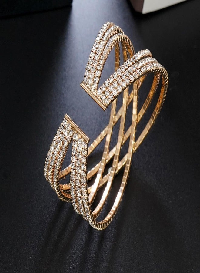 Wovanoo Rhinestone Bracelet for Women MultiLayer Crystal Cuff Bracelet Strand Layered Bracelet Gold 2 - Image 4