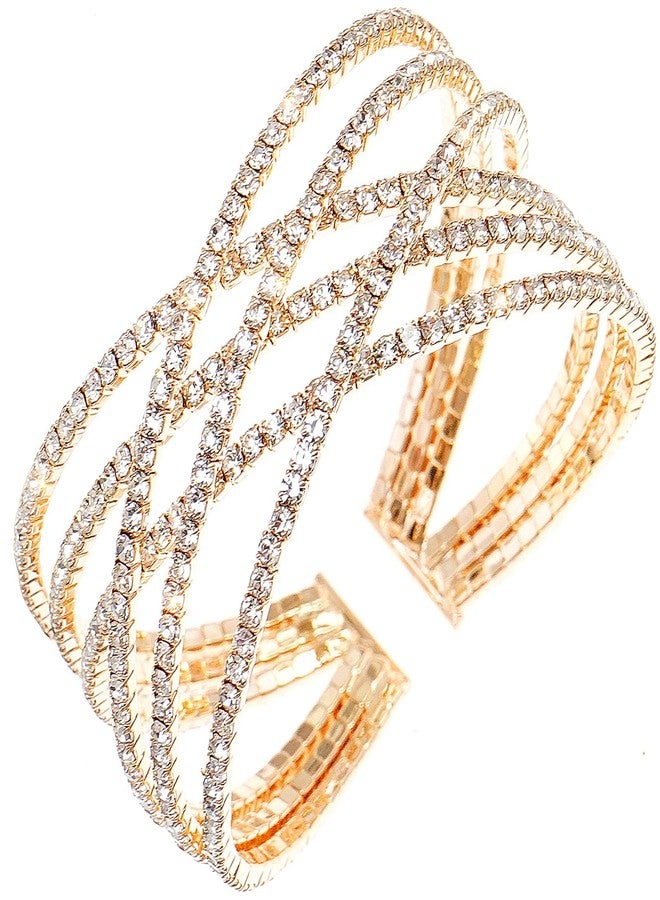 Wovanoo Rhinestone Bracelet for Women MultiLayer Crystal Cuff Bracelet Strand Layered Bracelet Gold 2 - Image 1