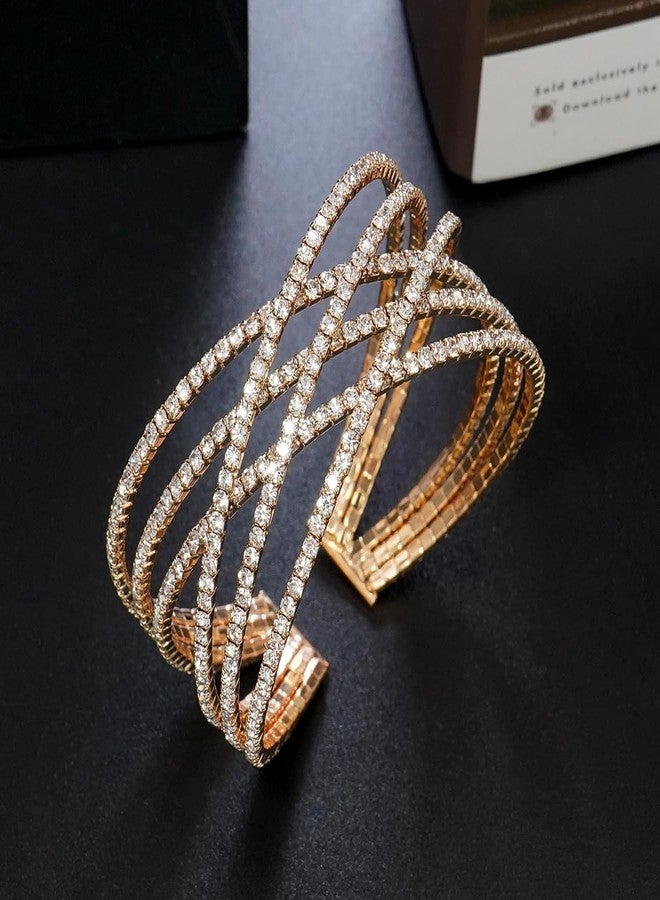 Wovanoo Rhinestone Bracelet for Women MultiLayer Crystal Cuff Bracelet Strand Layered Bracelet Gold 2 - Image 3