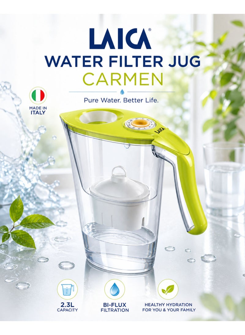 LAICA Water Filter Jug Carmen White 2.3L BPA Free Filter Pitcher with Bi-Flux Cartridge Fast Filtration Chlorine Removal Limescale Reduction Odor Improvement Fridge Door Friendly Electronic Indicator Reusable Eco Friendly Drinking Water Purifier for Home Kitchen - Image 1