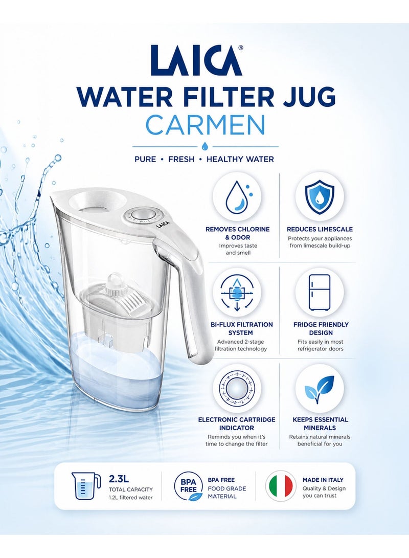 LAICA Water Filter Jug Carmen White 2.3L BPA Free Filter Pitcher with Bi-Flux Cartridge Fast Filtration Chlorine Removal Limescale Reduction Odor Improvement Fridge Door Friendly Electronic Indicator Reusable Eco Friendly Drinking Water Purifier for Home Kitchen - Image 2