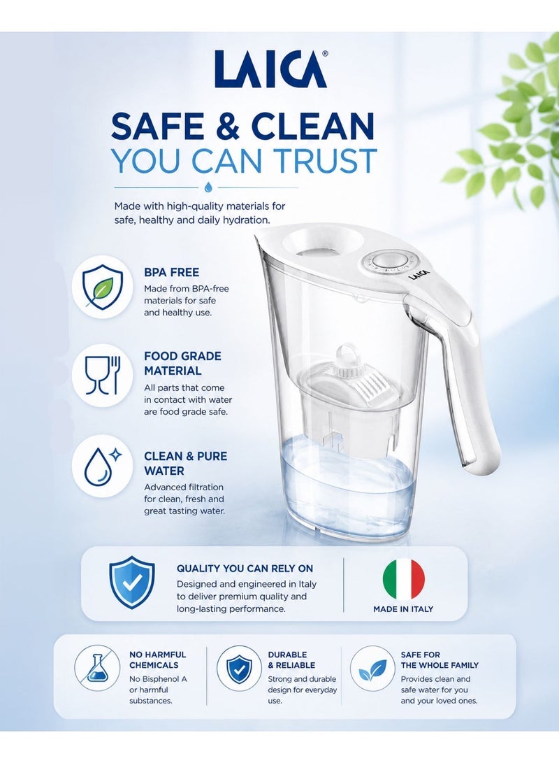 LAICA Water Filter Jug Carmen White 2.3L BPA Free Filter Pitcher with Bi-Flux Cartridge Fast Filtration Chlorine Removal Limescale Reduction Odor Improvement Fridge Door Friendly Electronic Indicator Reusable Eco Friendly Drinking Water Purifier for Home Kitchen - Image 5