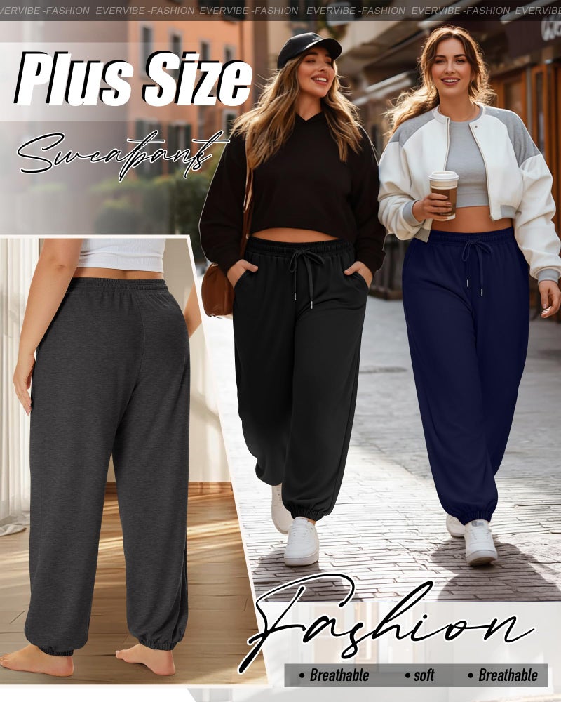 Evervibe 3 Pack Women's Plus Size Joggers, Drawstring Loose Fit Sweatpants Comfy Casual Lounge Pants with Pockets(Black, Dark Gray, Navy Blue,5X-Large) - Image 4