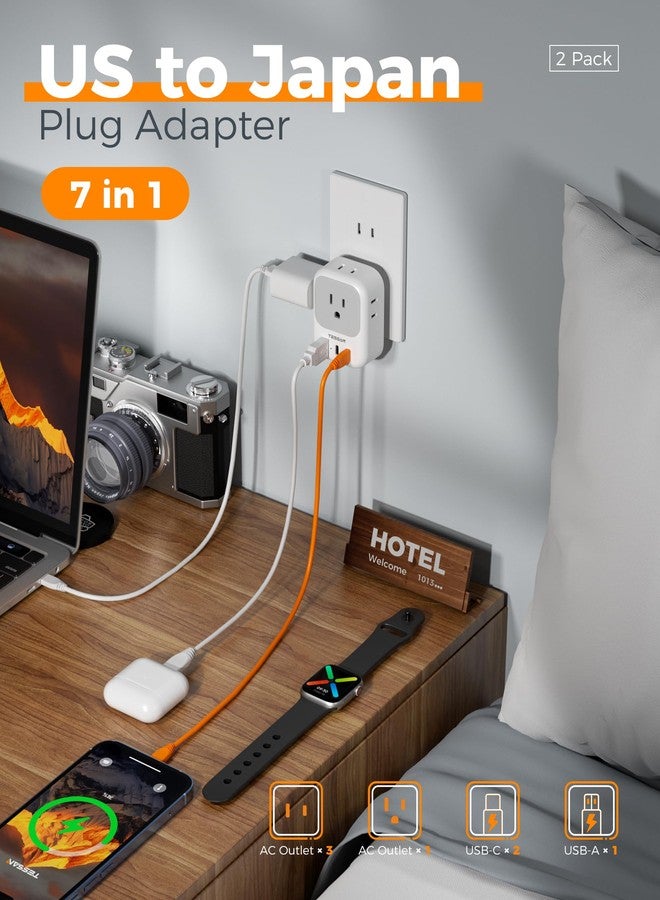 TESSAN US to Japan Plug Adapter 2 Pack, TESSAN 2 Prong to 3 Prong Outlet Adapter with 4 Outlets 3 USB (2 USB-C), Outlet Adaptor US to Japan China Mexico Philippines Canada Peru Thailand Vietnam - Image 3