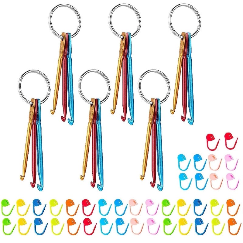 Zuoyou 6 Sets Mini Crochet Hook Keychain with 40pcs Plastic Colored Stitch Markers, Aluminum Crochet Knitting Needles 3 Sizes/Set (3mm/4mm/5mm) - Image 1