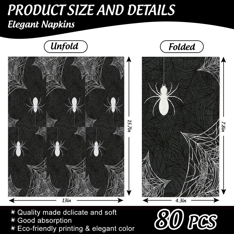 AnyDesign 80Pcs Halloween Guest Napkins Black White Spider Web Disposable Napkins 3 Ply Dinner Hand Towel Paper Napkins for Bathroom Halloween Party Table Decor Supplies - Image 2