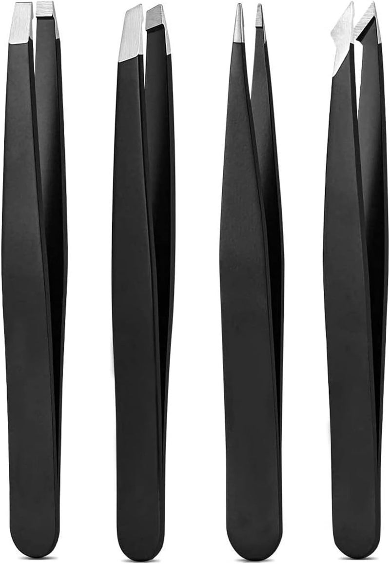 Tweezers Set High Precision Stainless Steel Eyebrow Tweezers for Facial Hair Inward Growing Hair and Splinter Remover Kit Suitable for Women and Men 4Piece Set Black