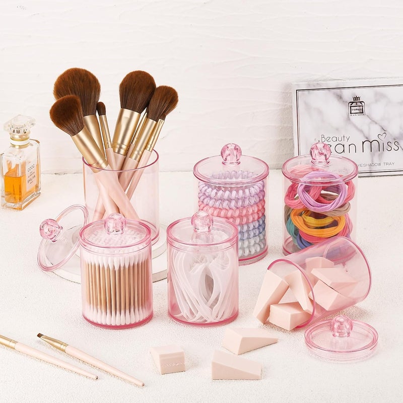 Tbestmax 6 Pack Qtip Holder - 12 oz, 10 oz Bathroom Organizer and Storage Containers, Plastic Apothecary Jars with Lids for Cotton Ball, Cotton Swab, Floss, Pink - Image 4