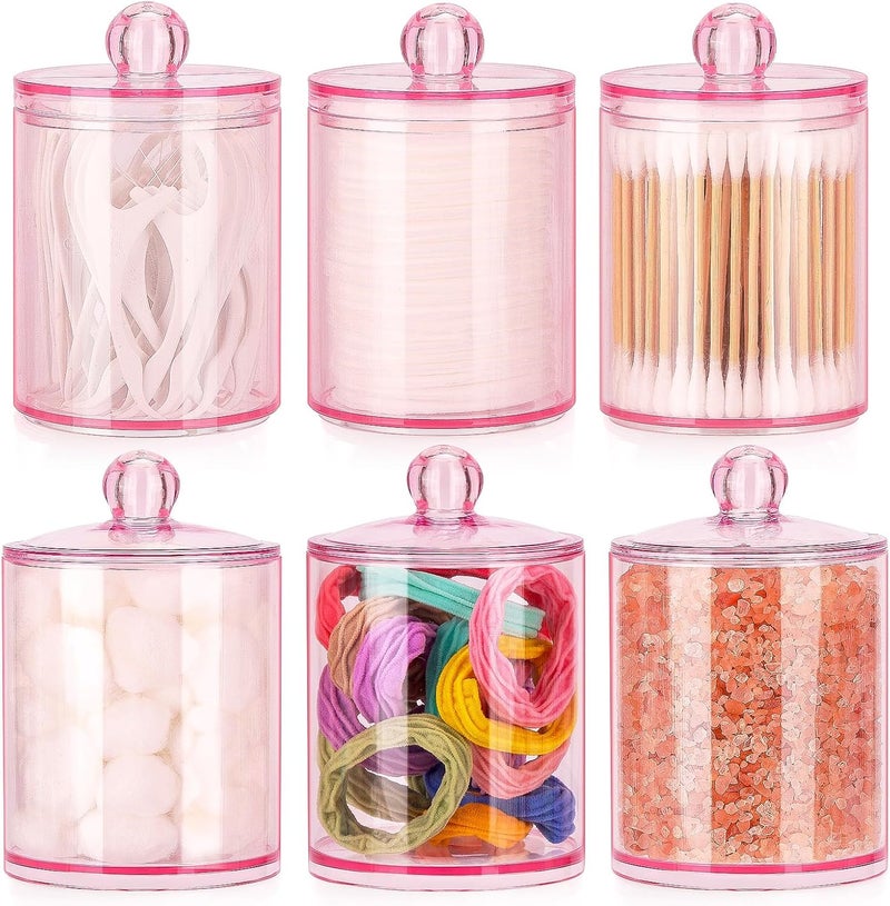 Tbestmax 6 Pack Qtip Holder - 12 oz, 10 oz Bathroom Organizer and Storage Containers, Plastic Apothecary Jars with Lids for Cotton Ball, Cotton Swab, Floss, Pink - Image 1