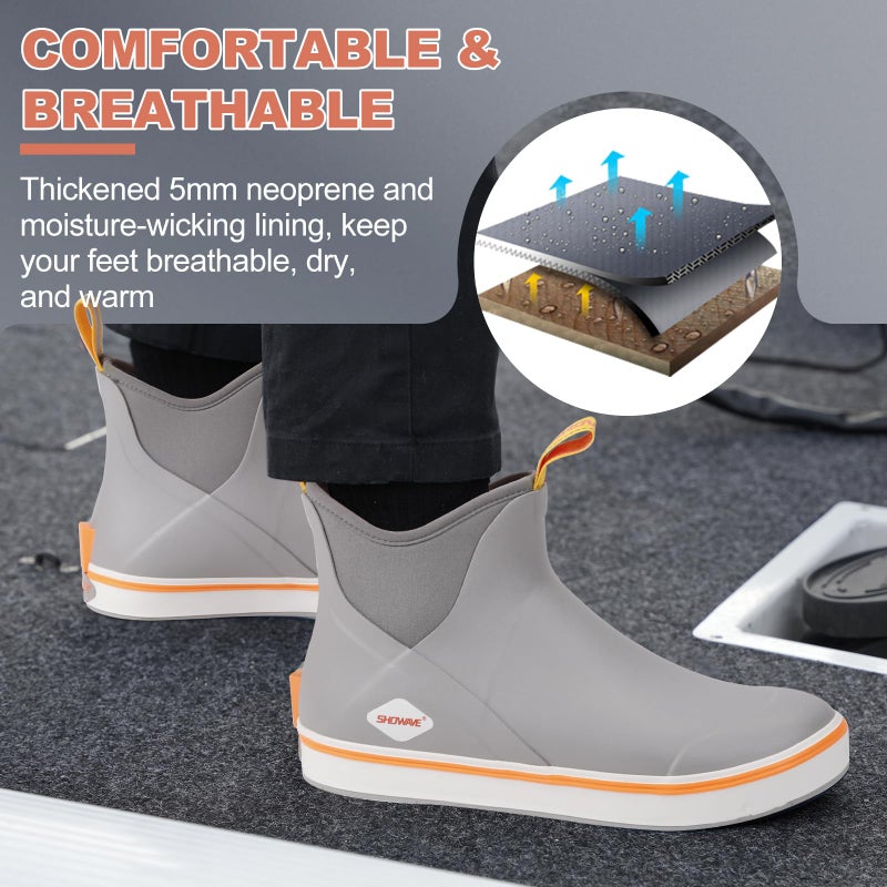 Showave Men's Deck Boots Waterproof Ankle Rubber Rain Boots Non-slip Boat Booties for Sailing Fishing and Outdoors, Grey,Size 7 - Image 4