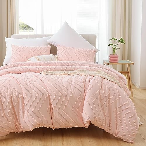 YIRDDEO Pink Full Comforter Set 3Pcs, Boho Blush Full Size Bedding Set, Vertical Tufted Bed Set, Lightweight Neutral Bedroom Set (1 Comforter 2 Pillowcase) - Image 1