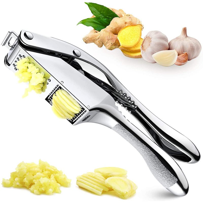 KOUISYY 2in1 Garlic Press Stainless Steel Garlic Slicer Silver Garlic Mincer Handheld Garlic Crusher Easy to Clean and Squeeze Garlic Masher Dishwasher Safe