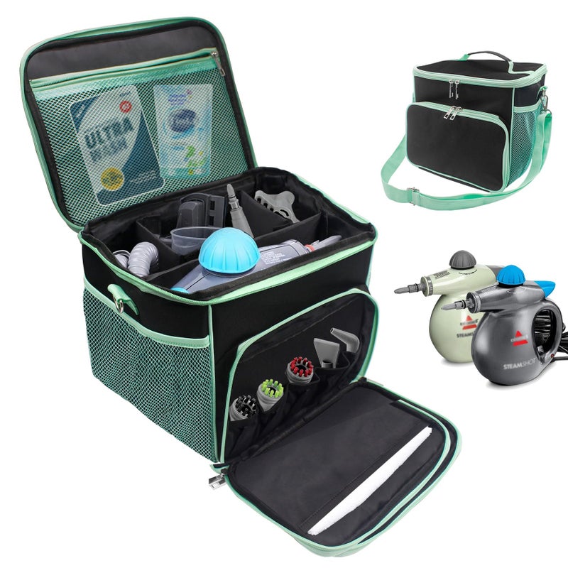 JAYOBGO Carry Bag for Bissell SteamShot Steam 39N7V39N7A Cleaner Handheld Steam Cleaner attachments Adjustable Compartments Large Storage Bag for bissell steamshot accessories Bag Only Black Green - Image 2