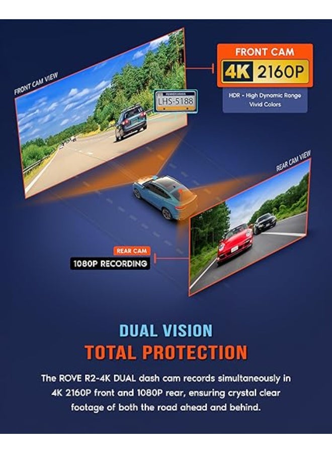 ROVE R2-4K DUAL Dash Cam Front and Rear, STARVIS 2 Sensor, FREE 128GB Card Included, 5G WiFi - up to 20MB/s Fastest Download Speed with App, 4K 2160P/FHD Dash Camera for Cars, 3" IPS, 24H Parking Mode - Image 3