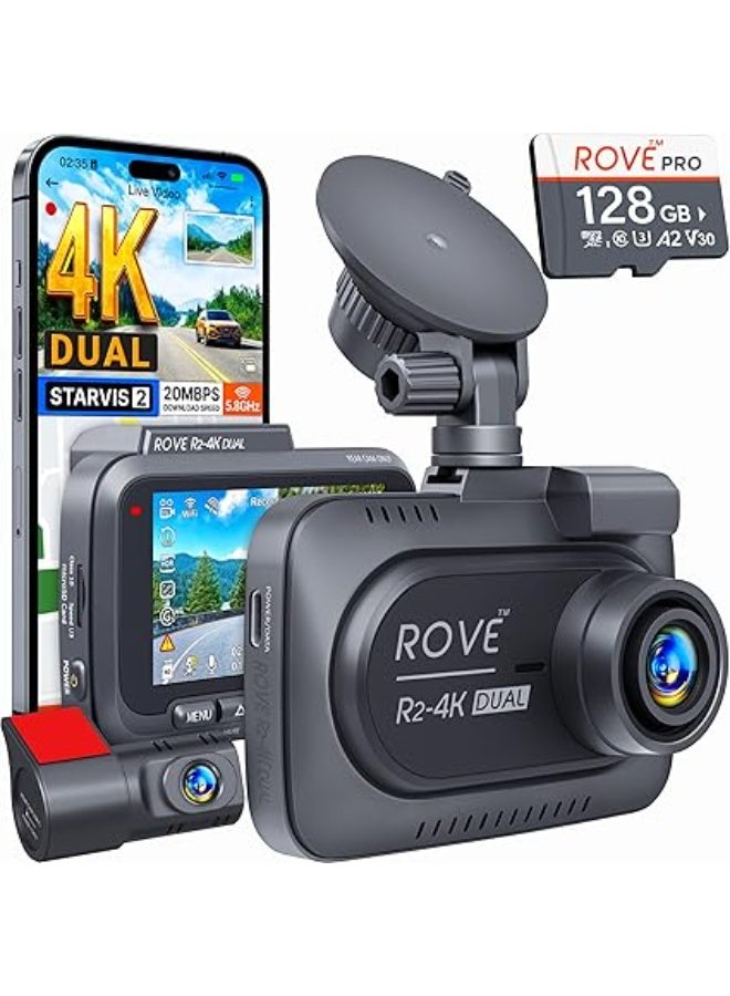 ROVE R2-4K DUAL Dash Cam Front and Rear, STARVIS 2 Sensor, FREE 128GB Card Included, 5G WiFi - up to 20MB/s Fastest Download Speed with App, 4K 2160P/FHD Dash Camera for Cars, 3" IPS, 24H Parking Mode - Image 1