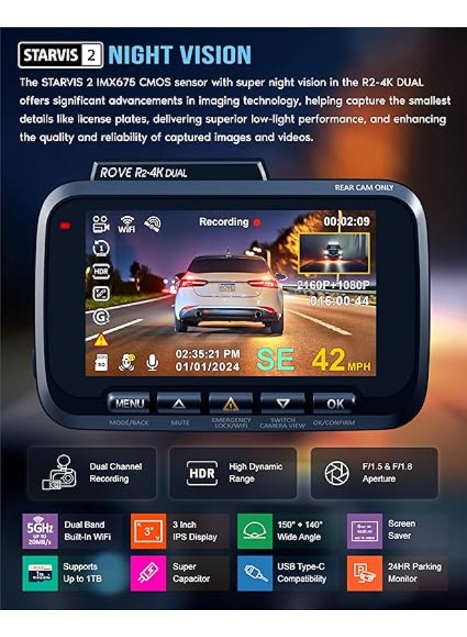 ROVE R2-4K DUAL Dash Cam Front and Rear, STARVIS 2 Sensor, FREE 128GB Card Included, 5G WiFi - up to 20MB/s Fastest Download Speed with App, 4K 2160P/FHD Dash Camera for Cars, 3" IPS, 24H Parking Mode - Image 4