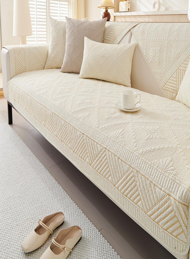 vctops Boho Cotton Quilted Sofa Couch Cover Washable Soft Non Slip Sectional Couch Covers Floral Embroidery Sofa Slipcover for Dogs, Children, Pets Furniture Protector (Cream,28"x28") - Image 1