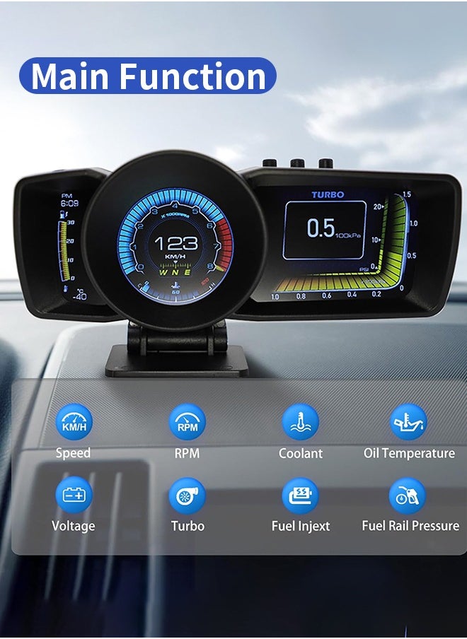Digisand - Car HUD Head Up Display with OBD2 + GPS Dual System Digtial Speedometer with 3 LCD Screens A600 Multi-Function Dashboard Computer OBD Mode only for 2012 and Later Cars,GPS Mode for All Cars - Image 1