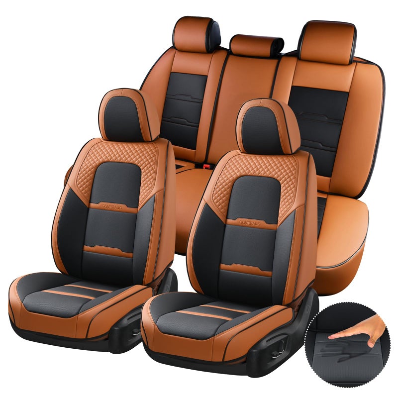 Coverado Car Seat Covers Full Set 5 Piece Car Seat Protector with Removable Headrest Nappa Leather Breathable Front Rear Seat Cushion Side All Wrapped Universal Fit Truck Automotive Most Cars Brown