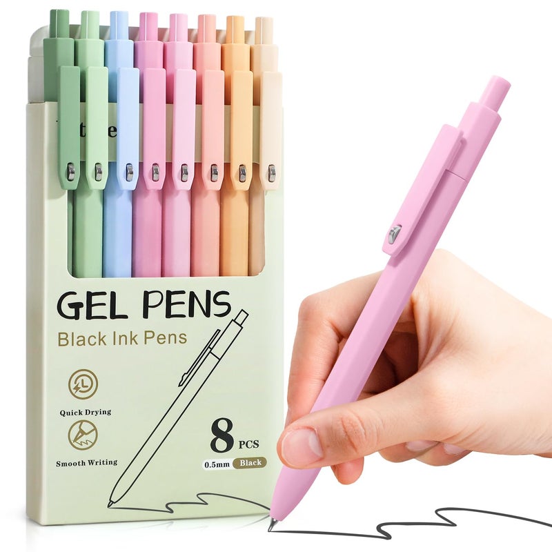 Piochoo Aesthetic Pens, 8 Pcs 0.5mm Gel Pens, No Smudge Quick Dry Smooth Writing Pens, Cute Black Ink Journaling Pens for Women Nurse School Office Desk Accessories - Image 1
