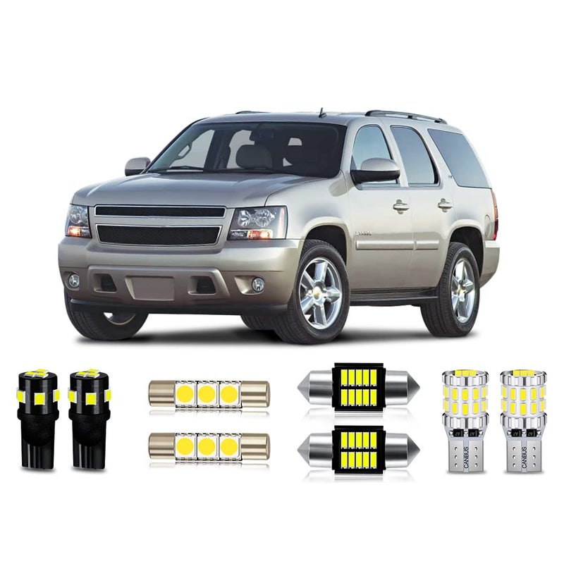 MEALAM White LED Bulbs Package Kit Compatible with 2007 2008 2009 2010 2011 2012 2013 2014 Chevy TahoeSuburban or GMC Yukon Interior Map Dome Light License Plate Light and Install Tool 14 Piece