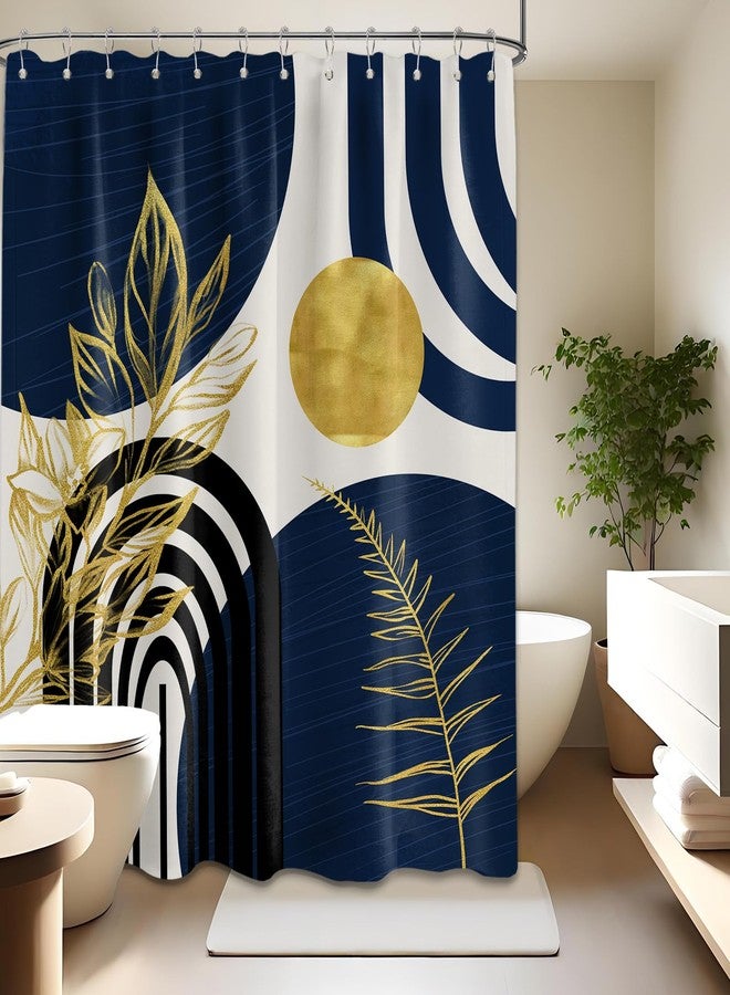 dueeia Navy Blue Shower Curtain Dark Royal Blue and Gold Boho Mid Century Modern Shower Curtains for Mens Bathroom Decor, Waterproof Fabric 70 x 72 inch with Hooks - Image 2