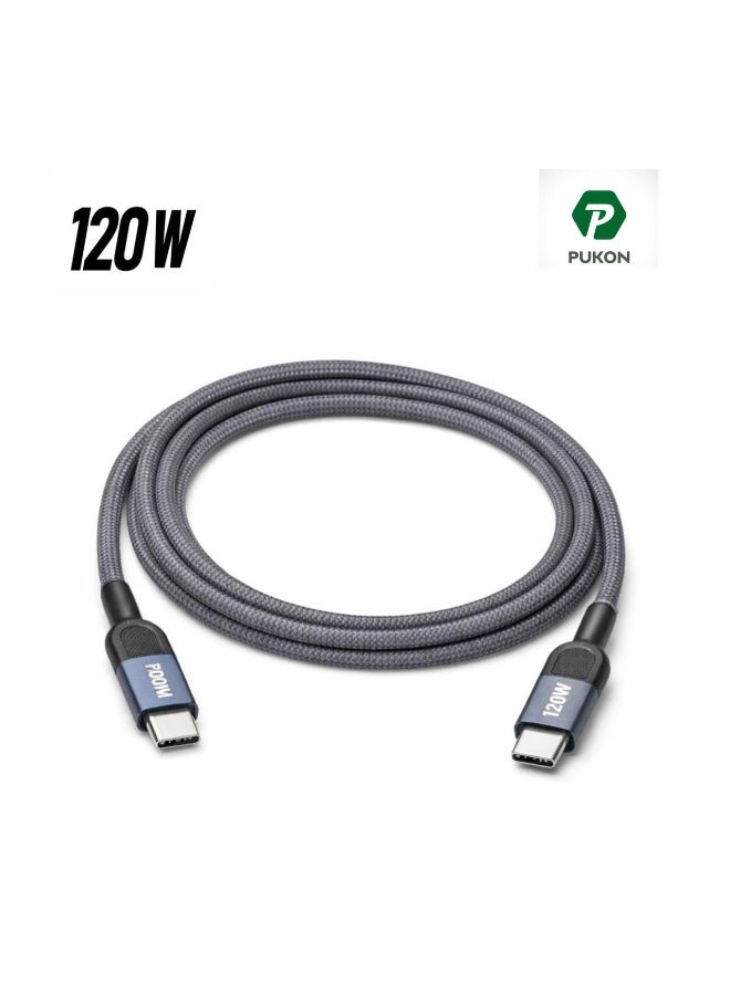 PUKON 120W USB-C to USB-C Fast Charging Cable 1M, PD Super Fast Charge & Data Sync, Nylon Braided Type-C Cable with 1 Year Replacement Warranty - Image 1