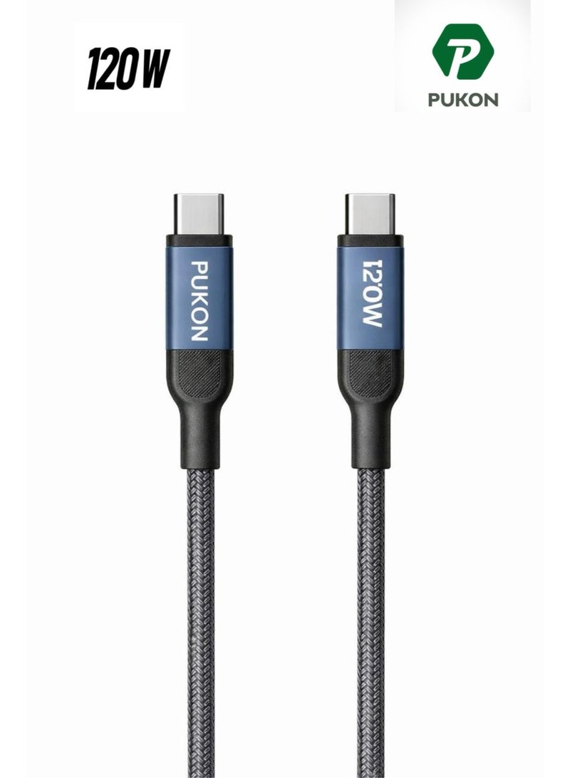 PUKON 120W USB-C to USB-C Fast Charging Cable 1M, PD Super Fast Charge & Data Sync, Nylon Braided Type-C Cable with 1 Year Replacement Warranty - Image 3
