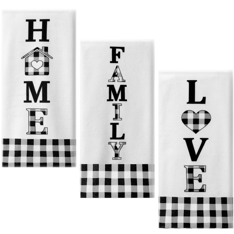 Tegeme 3 Pieces Buffalo Plaid Home Family Love Kitchen Towel Black and White Plaid Country Christmas Kitchen Towels Set Fast Drying Farmhouse Decorative for Cooking Baking