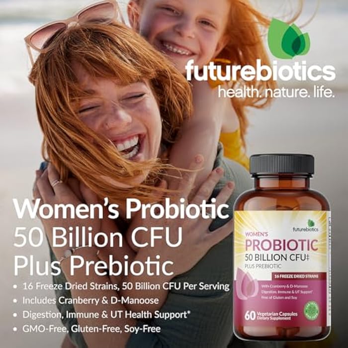 Futurebiotics Women's Probiotic 50 Billion CFU + Prebiotic with Cranberry & D-Mannose – Digestion Immune and Urinary Tract Support, Non-GMO, 60 Vegetarian Capsules - Image 3