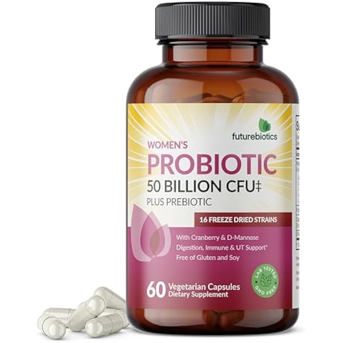 Futurebiotics Women's Probiotic 50 Billion CFU + Prebiotic with Cranberry & D-Mannose – Digestion Immune and Urinary Tract Support, Non-GMO, 60 Vegetarian Capsules - Image 1