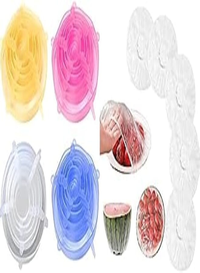 Stretch lid, silicone stretch lids - 6 pack reusable food saver covers - stretchable silicon food saver of various sizes + Fresh keeping bags food cover 100pcs, reusable bowl covers stretch lids 