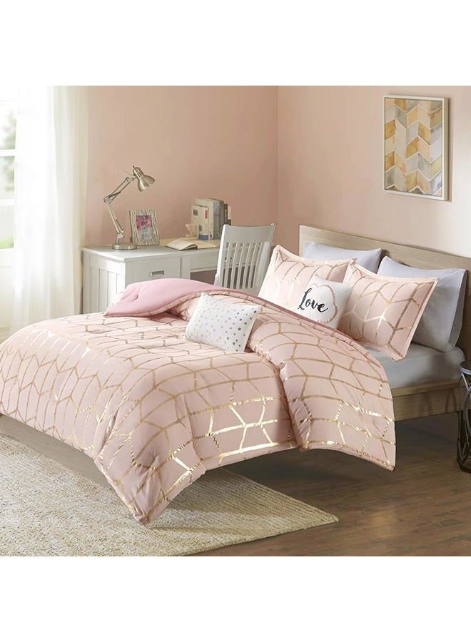 Intelligent Design Raina Comforter Microfiber Metallic Print Geometric Design Embroidered Toss Pillow Modern Trendy Casual All Season Bedding Set Matching Sham, Full/Queen, Blush/Gold 5 Piece - Image 1