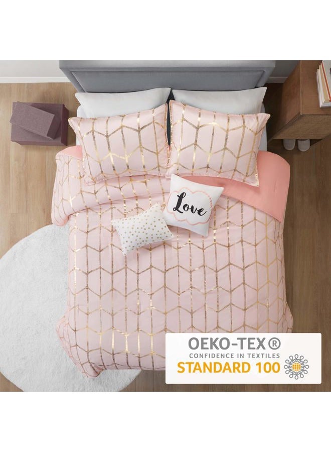 Intelligent Design Raina Comforter Microfiber Metallic Print Geometric Design Embroidered Toss Pillow Modern Trendy Casual All Season Bedding Set Matching Sham, Full/Queen, Blush/Gold 5 Piece - Image 3