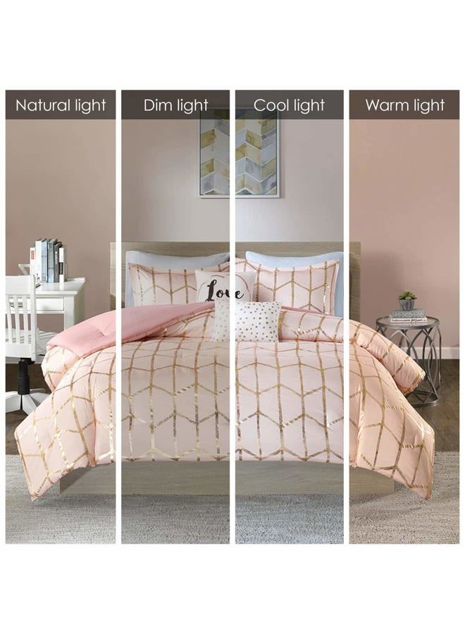 Intelligent Design Raina Comforter Microfiber Metallic Print Geometric Design Embroidered Toss Pillow Modern Trendy Casual All Season Bedding Set Matching Sham, Full/Queen, Blush/Gold 5 Piece - Image 2