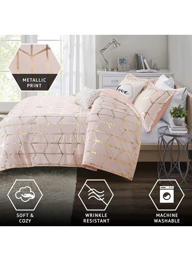 Intelligent Design Raina Comforter Microfiber Metallic Print Geometric Design Embroidered Toss Pillow Modern Trendy Casual All Season Bedding Set Matching Sham, Full/Queen, Blush/Gold 5 Piece - Image 4
