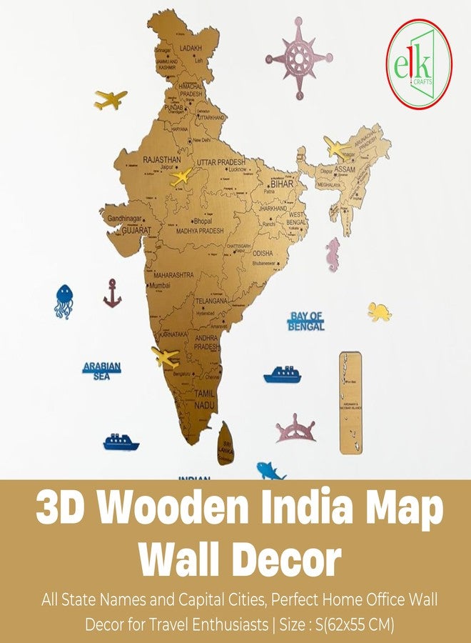 Elk 3D Wooden India Map Wall Decor - All State Names with Capital - Perfect Home and Wall Decor for Travel Enthusiasts | Size : M(91x83CM) - Image 2