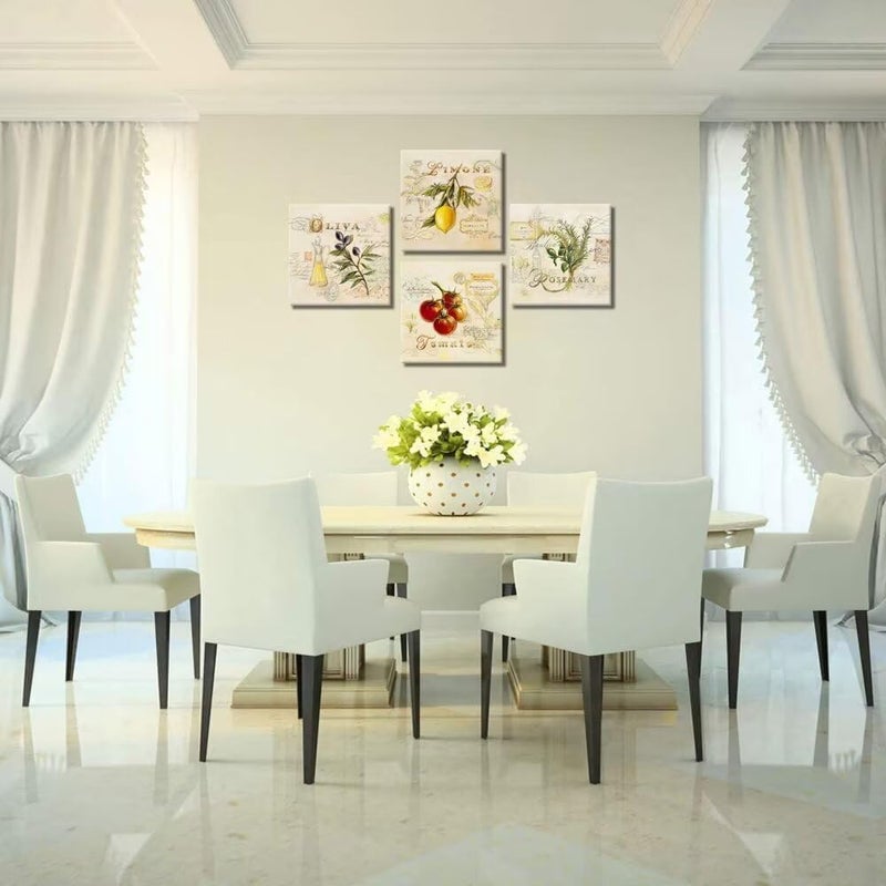 Wall HDQ Fruits Wall Art for Kitchen Lemon Rosemary Oliva Tomato Wall Decor Retro Canvas Pictures Abstract Framed Artwork Modern Print Painting for Dining Room Home Walls Decoration 10''x10'' x 4Pcs - Image 2