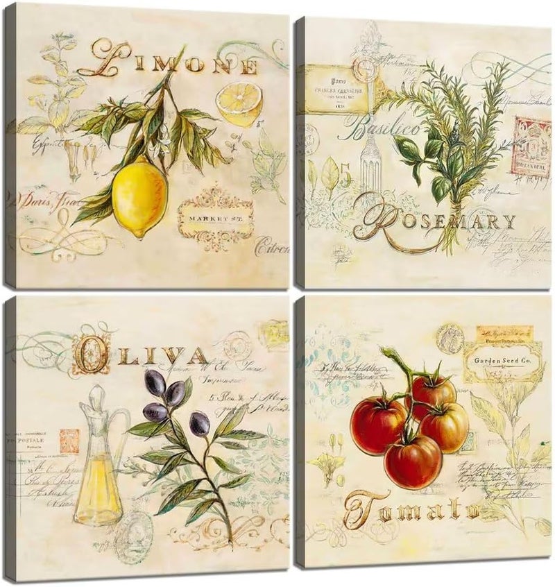Wall HDQ Fruits Wall Art for Kitchen Lemon Rosemary Oliva Tomato Wall Decor Retro Canvas Pictures Abstract Framed Artwork Modern Print Painting for Dining Room Home Walls Decoration 10''x10'' x 4Pcs - Image 1