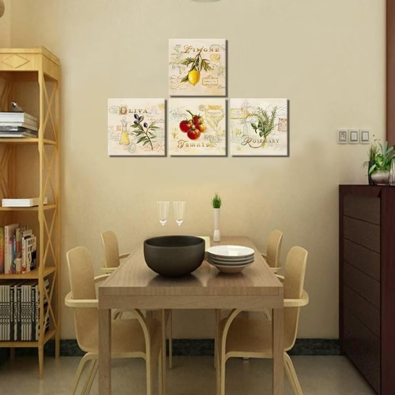 Wall HDQ Fruits Wall Art for Kitchen Lemon Rosemary Oliva Tomato Wall Decor Retro Canvas Pictures Abstract Framed Artwork Modern Print Painting for Dining Room Home Walls Decoration 10''x10'' x 4Pcs - Image 4