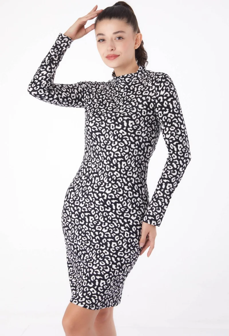 Tofisa Plain Turtleneck Women's Black Leopard Patterned Tunic - 26208