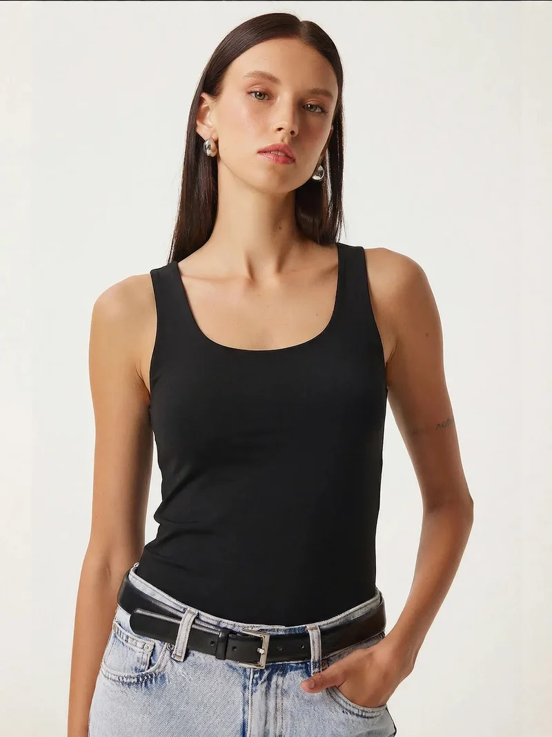 السعادة في إسطنبول ISTANBUL Square Collar Ribbed Slim Fit Sleeveless Blouse