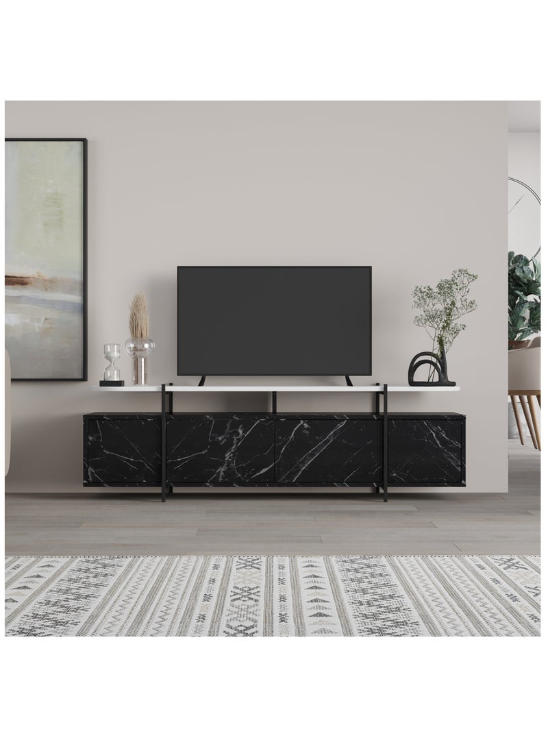 Mourah Mourah Home Hanley TV Cabinet TVs up to 65 Inches |Tv Table Metal Legs| Living Room Cabinet |TV Stand 4 Doors|160x35.6x49.2 CM| Black Marble/White  - Image 1