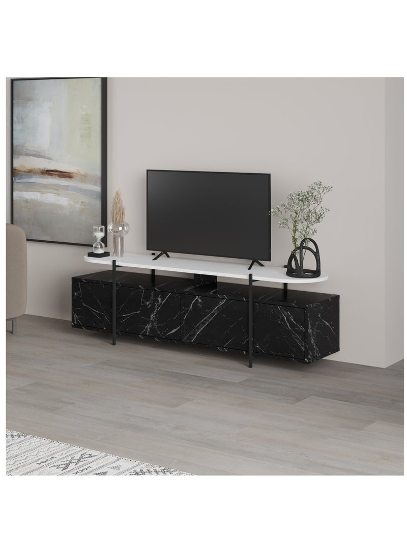 Mourah Mourah Home Hanley TV Cabinet TVs up to 65 Inches |Tv Table Metal Legs| Living Room Cabinet |TV Stand 4 Doors|160x35.6x49.2 CM| Black Marble/White  - Image 2