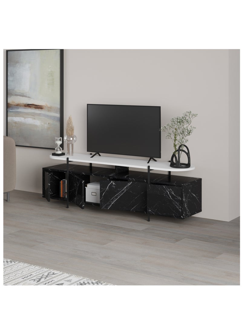 Mourah Mourah Home Hanley TV Cabinet TVs up to 65 Inches |Tv Table Metal Legs| Living Room Cabinet |TV Stand 4 Doors|160x35.6x49.2 CM| Black Marble/White  - Image 3