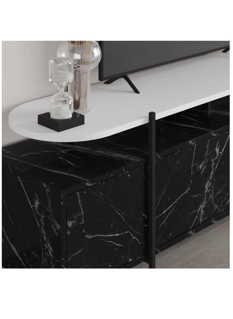 Mourah Mourah Home Hanley TV Cabinet TVs up to 65 Inches |Tv Table Metal Legs| Living Room Cabinet |TV Stand 4 Doors|160x35.6x49.2 CM| Black Marble/White  - Image 4
