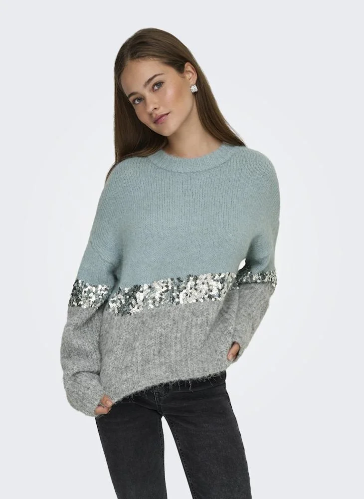 ONLY Sequin Detail Color Block Pullover Sweater