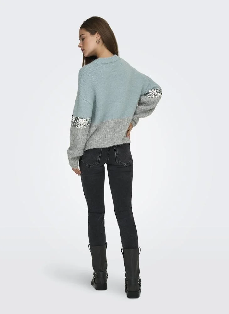 ONLY Sequin Detail Color Block Pullover Sweater