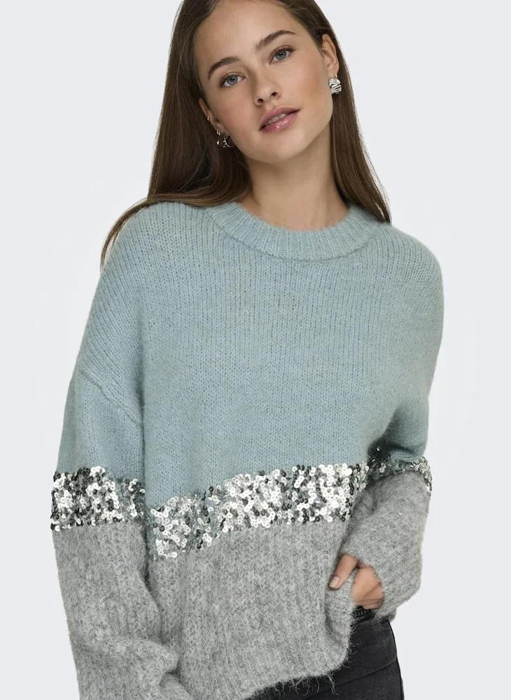 ONLY Sequin Detail Color Block Pullover Sweater